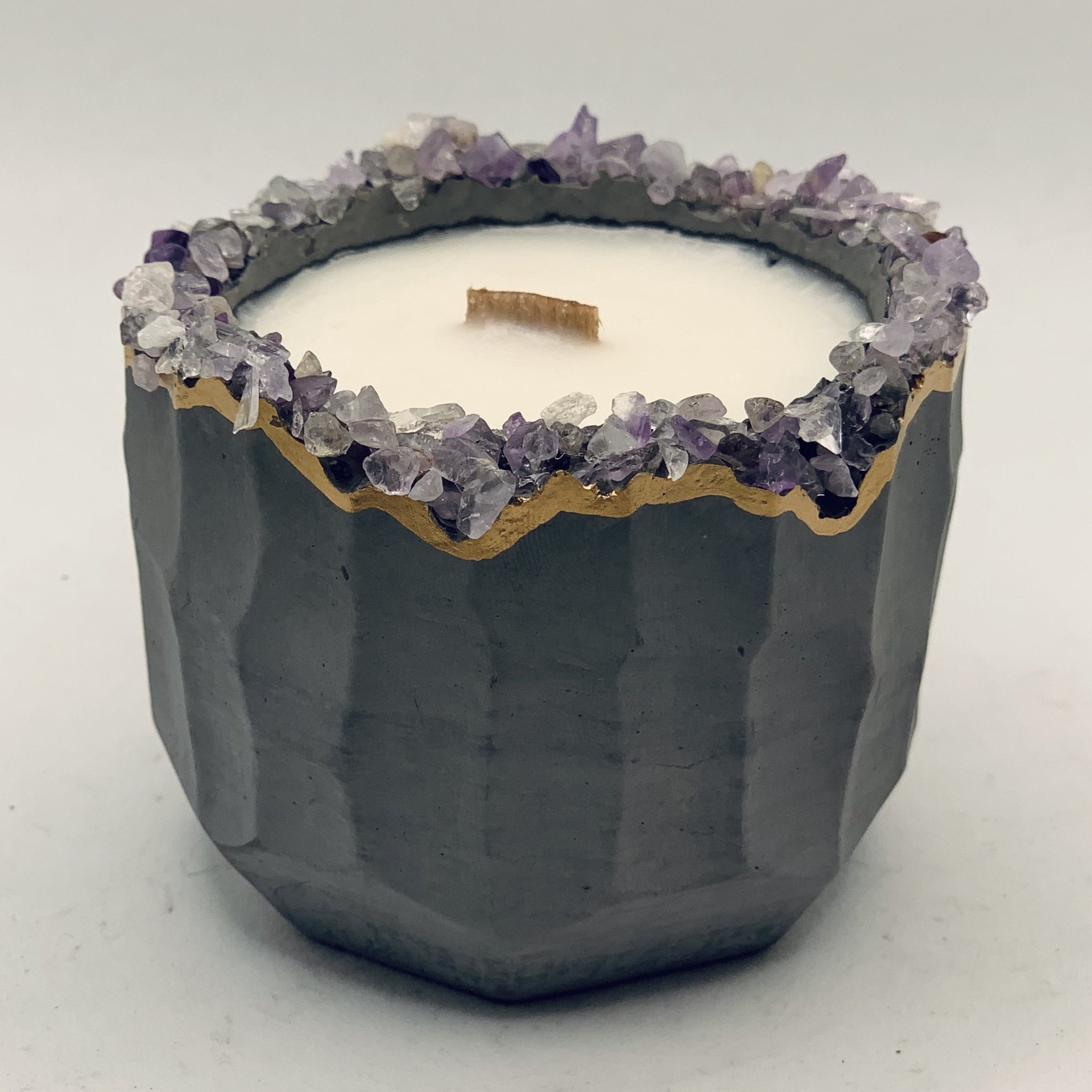 Concrete Soy Candle with Wood Wick - Amethyst Geode