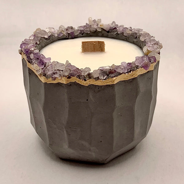 Concrete Soy Candle with Wood Wick - Amethyst Geode